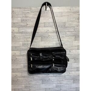 Philippe Amiel Black Leather Multi-Pocket Travel Bag Briefcase Adjustable Strap